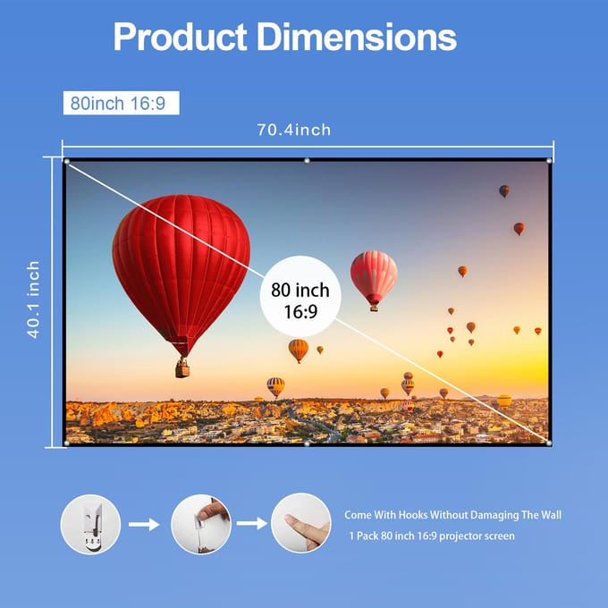 80-inch draagbaar HD-projectorscherm 16:9 Projectiescherm Opvouwbaar Duurzaam Muurbevestigd voor 80-INCH