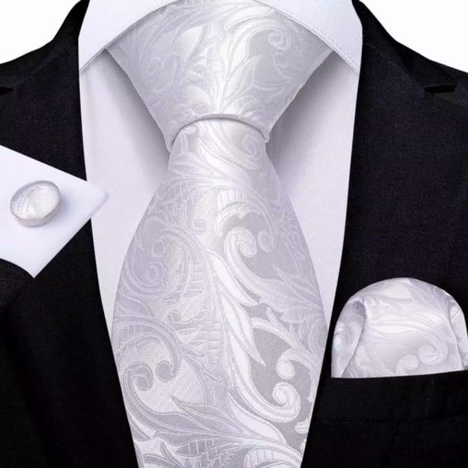 Stropdas set- 100% zijde-wit- Blad motief-stropdas-manchetknopen-pochet - Charme Bijoux