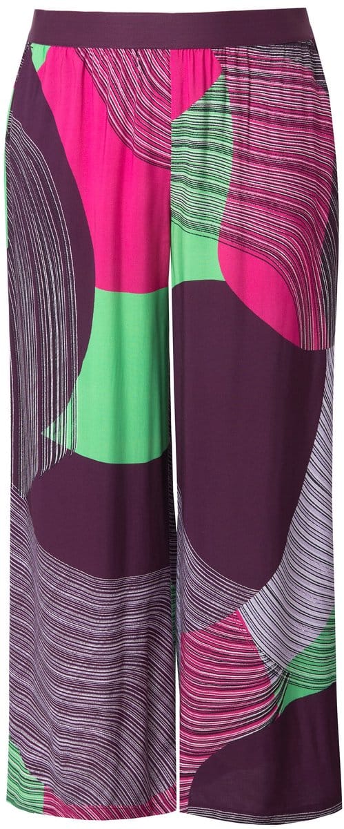 Ulla Popken - Dames - Broek print wijde rechte pijp elastische tailleband - Donkerpruim - Maat 46+