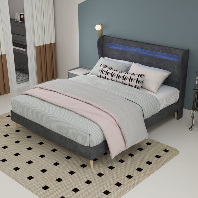 MODFU - Bedframe 140x200 cm – Verstelbaar hoofdbord met LED – Grijs
