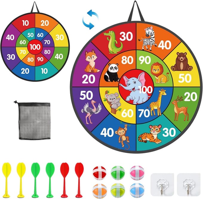 Dubbelzijdig Klittenband Dartbord Spel voor Kinderen - Inclusief 12 Werpobjecten en Opbergtas