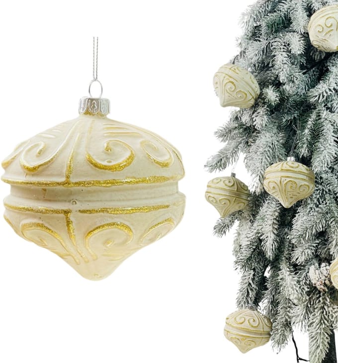 Inspiruj - Glas Kerstbal - Kremkleurig - Gouden Decor - 10 cm