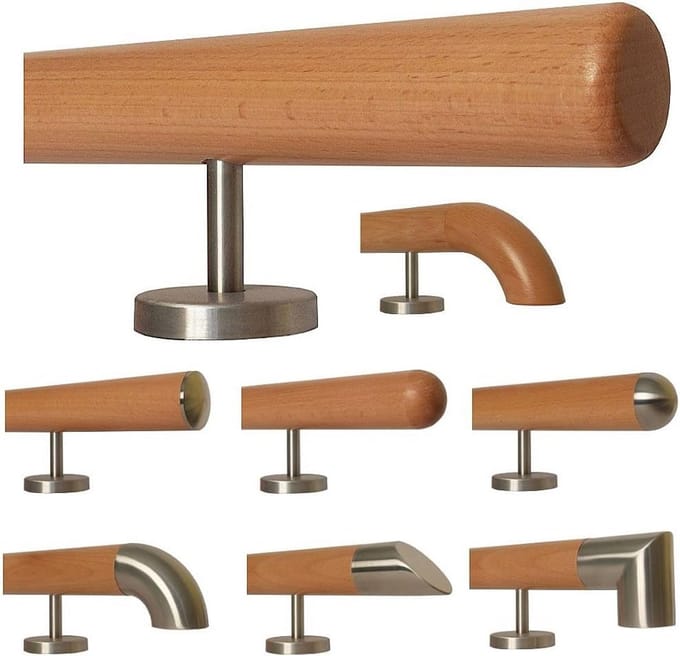 Beuken trapleuning 30 - 500 cm, recht, roestvrij houder, binnen, 42 mm Ø, eindstukken
