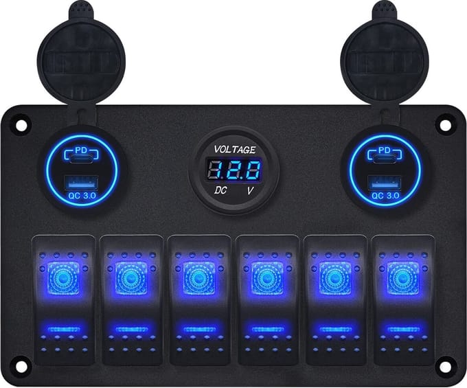 ProRide Schakelpaneel 12V voor Auto/Boot - USB Lader 4 poorten met Voltmeter - QC3.0 - 6 Schakelaars