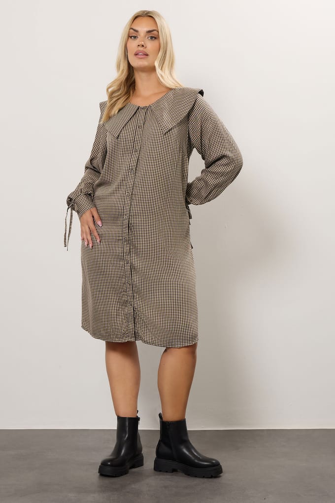 Yours Bruine Geruite Kraag Mini Jurk Size 50-52