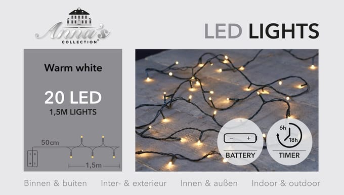 Anna's Collection Kerstverlichting - warm wit -150 cm - 20 leds - zwart snoer - batterij