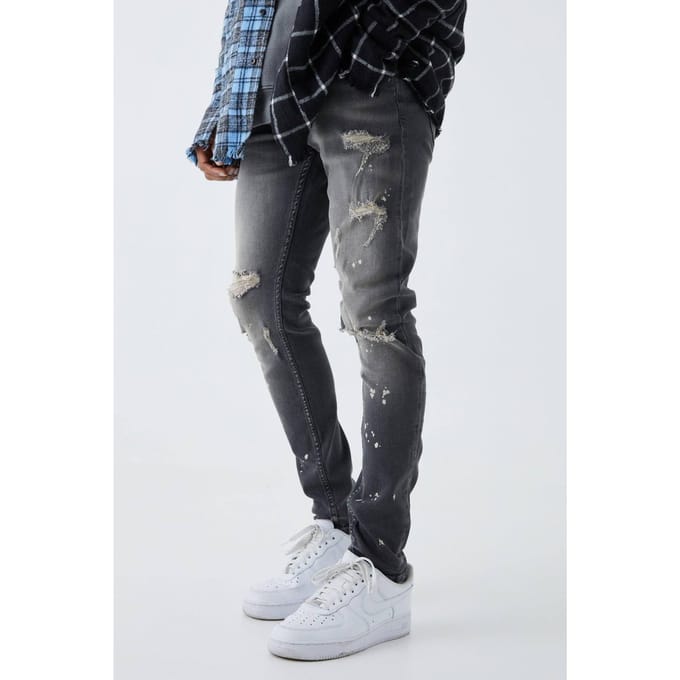 Skinny Stretch Gebleekte Gescheurde Knie Jeans | Grey | Size 32R