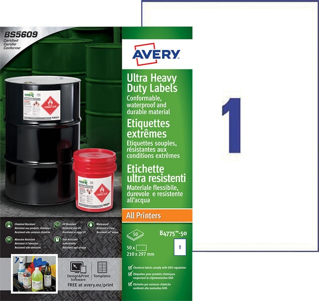Etiket Avery B4775-50 210x297mm polyethyleen wit 50 stuks