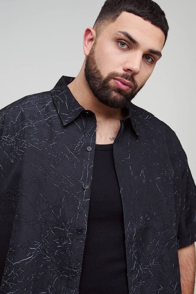 Plus Oversized Bedrukt Kreukelig Overhemd | Black | Size 2XL