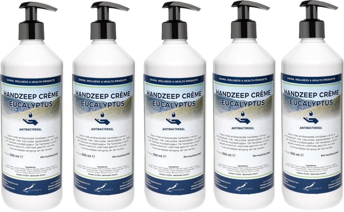 Handzeep Crème Eucalyptus 500 ml - met gratis pompje - set van 5 stuks - Voordeelverpakking