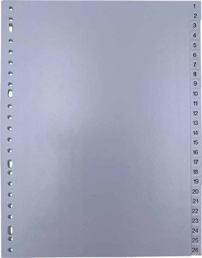 DULA Tabbladen plastic 1 tot 52 - Genummerd - A4 - Grijs - 23 gaten - PP