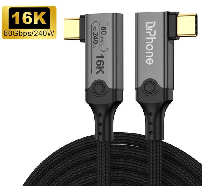 DrPhone HyperLinkX5 USB-C Kabel – 80Gbps – 240W PD – 16K 60Hz – Thunderbolt 5/4 – USB4 – 90° – 0,50 Meter