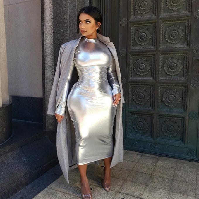 Dames Hoge Hals Lange Mouw Taille Slankmakend Heup Midi-jurk Damesjurk M