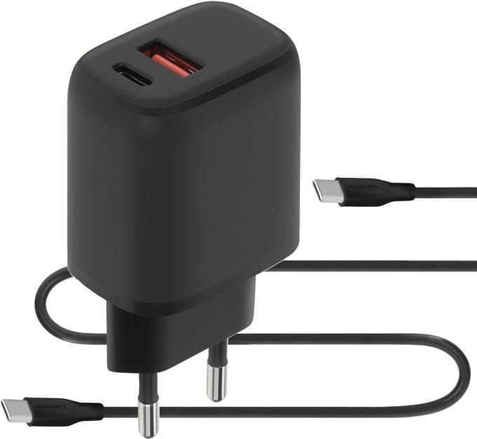 Mobiparts Wall Charger 20W Dual USB-C/USB-A with USB-C to USB-C Kabel - Zwart