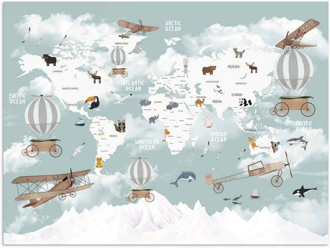 Wereldkaart - Kind - Vliegtuig - 160x120 cm - Poster