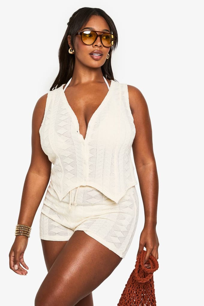 boohoo Dames Plus Beach Mix en Match Getextureerde Geometrische Shorts | Creme | Maat: 54