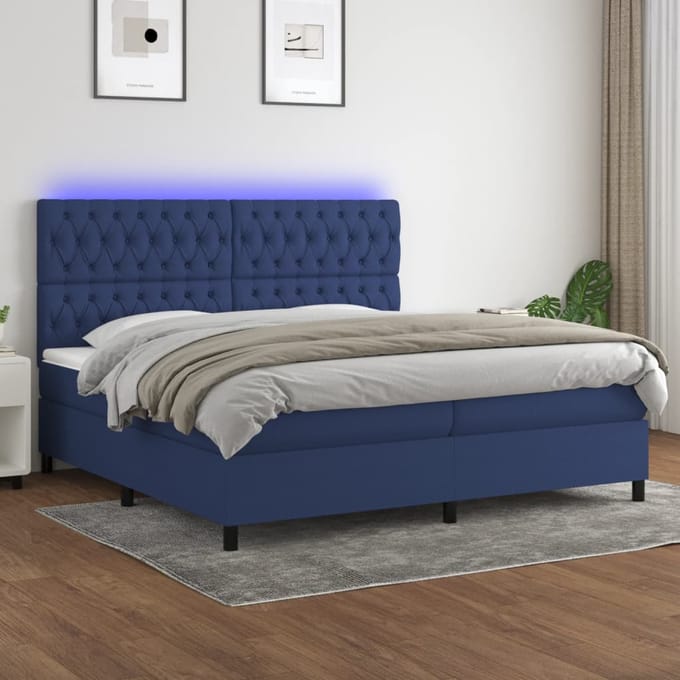vidaXL - Boxspring - met - matras - en - LED - stof - blauw - 200x200 - cm
