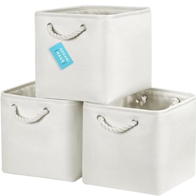 Set of 3 fabric cube baskets with rope handles 28x28, completely off-white