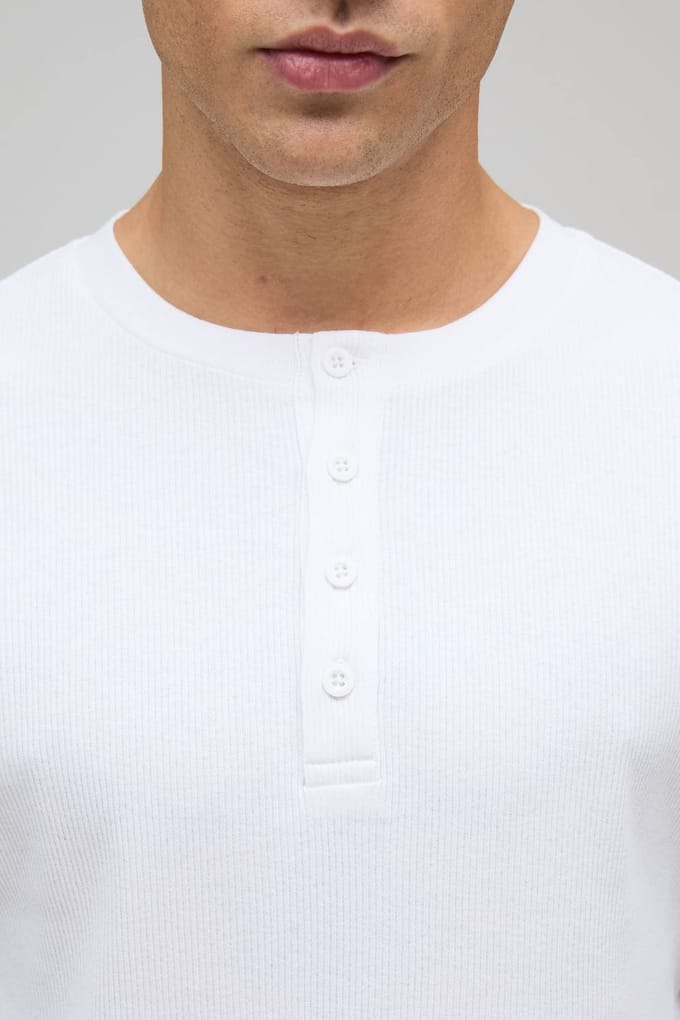 Muscle Fit geribbeld Henley T-shirt met Henley-hals | White | Size XL