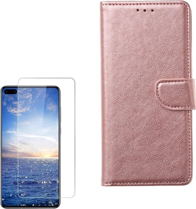 Huawei P40 Lite Portemonnee hoesje Rose Goud met 2 stuks Glas Screen protector