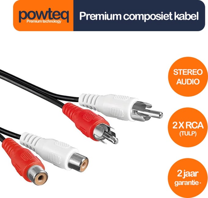 Powteq - 5 meter premium composiet audio verlengkabel - 2x RCA / 2x tulp - Stereo audio