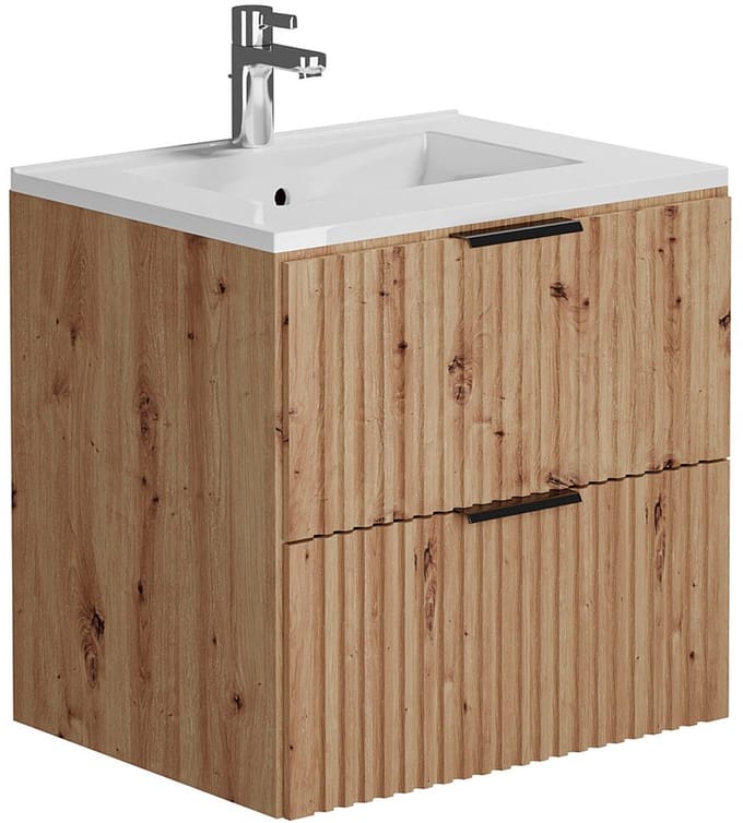 Vente-unique Geribbeld hangmeubel met inbouwwastafel - Lichte houtkleur - 60 cm - ZEVARA