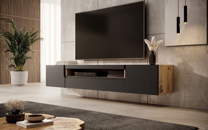 Meubella - TV-Meubel Dylan - Mat zwart - Eiken - 200 cm