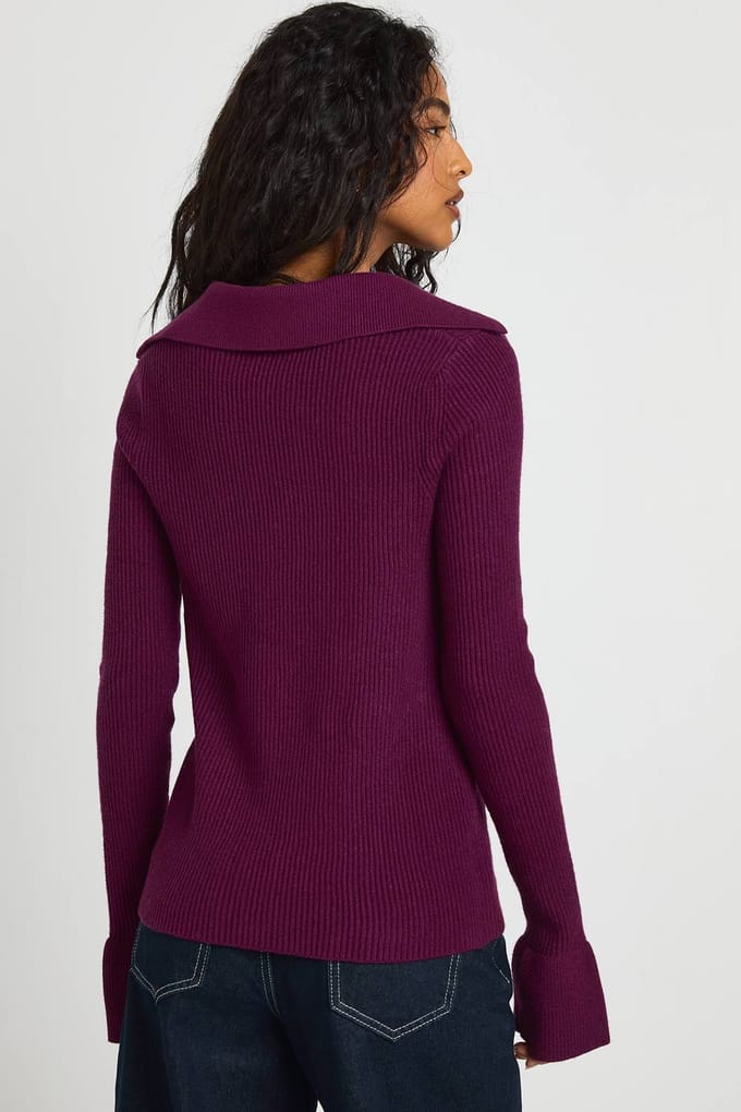 boohoo Dames Chunky geribbelde gebreide cardigan met kraag | Aubergine | Maat: Medium