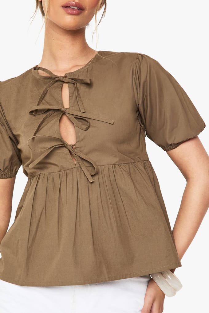 boohoo Dames Katoenen poplin smock top met voorstrik | Khaki | Maat: 10