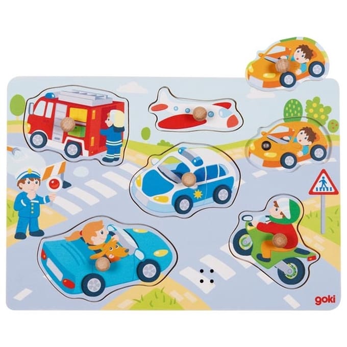 Goki Wooden Stud Puzzle Vehicles with Sound 6 pcs. Hout