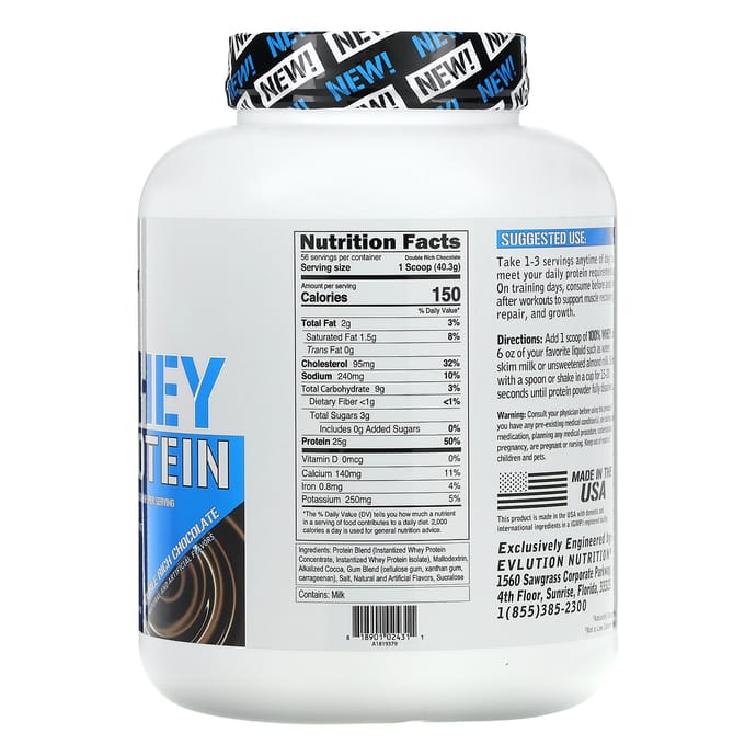 EVLution Nutrition, 100% Wei Eiwit, Dubbele Rijke Chocolade, 5 lbs (2.268 kg)