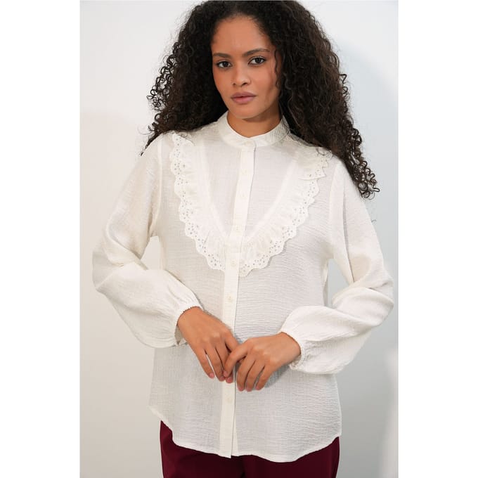 Lange Geweven Shirt Met Mandarin Kraag