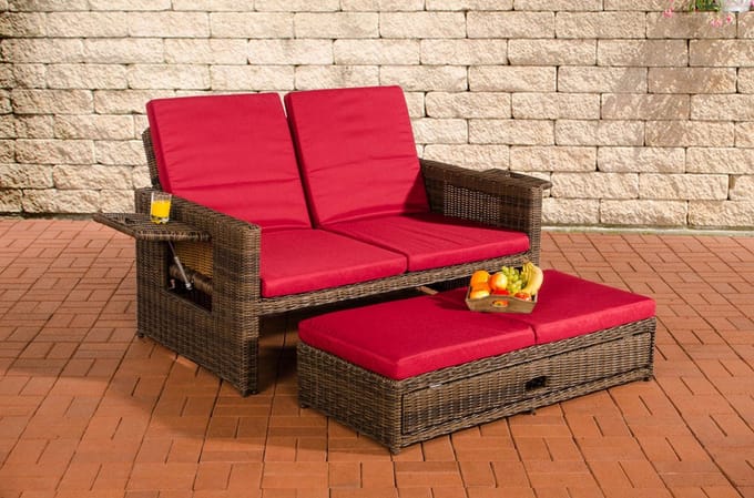 CLP Ancona - Loungebank - 5mm Poly-rotan bruin gemeleerd robijnrood