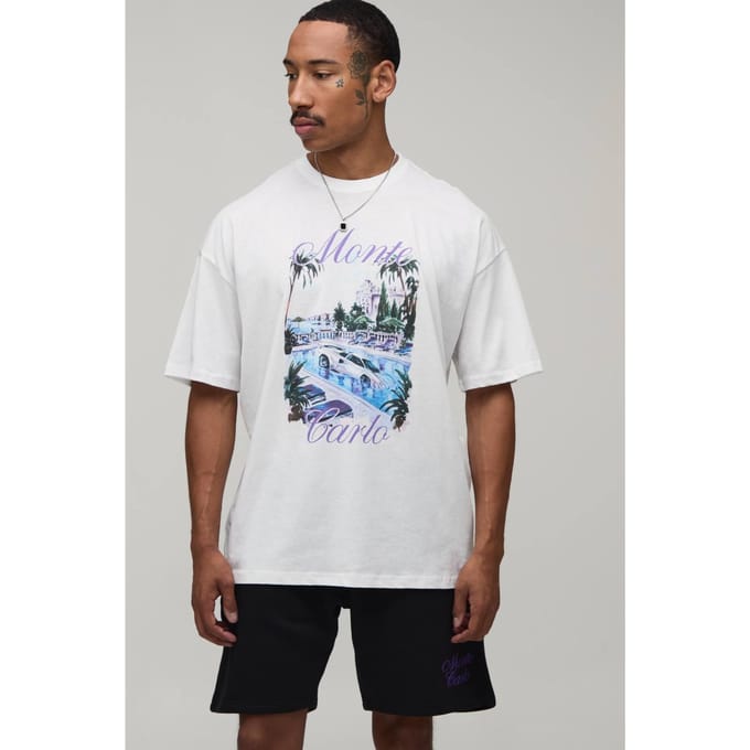 Oversized Monte Carlo Location Print T-Shirt & Short Set | White | Size Medium