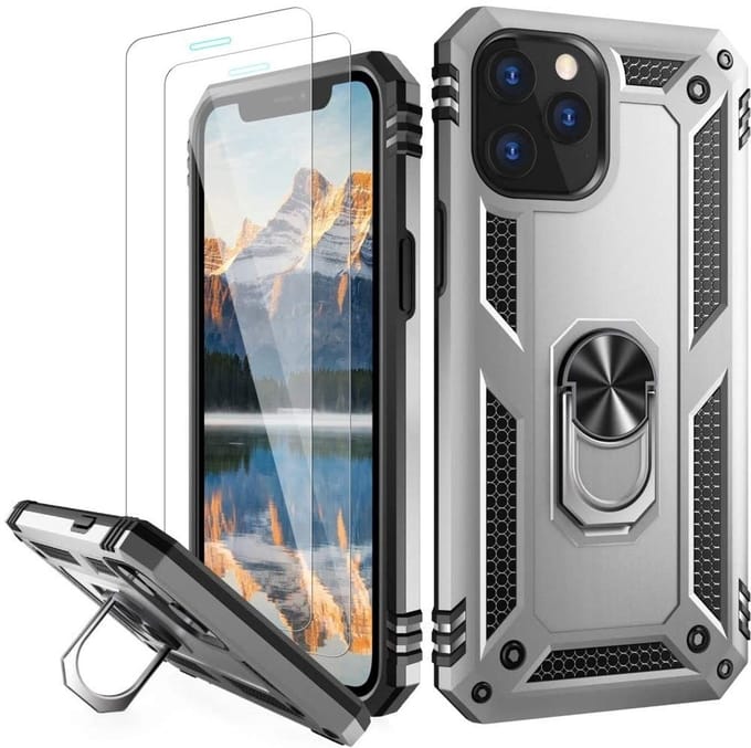 Hoesje Geschikt voor iPhone 12 Mini hoesje - Hardcase - Tough armor ring Zilver + 2 stuks screenprotector