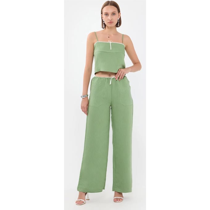 Gestreepte Hoge Taille Rechte Pijpen Pyjama Onderdeel met Een Ceintuurdetail