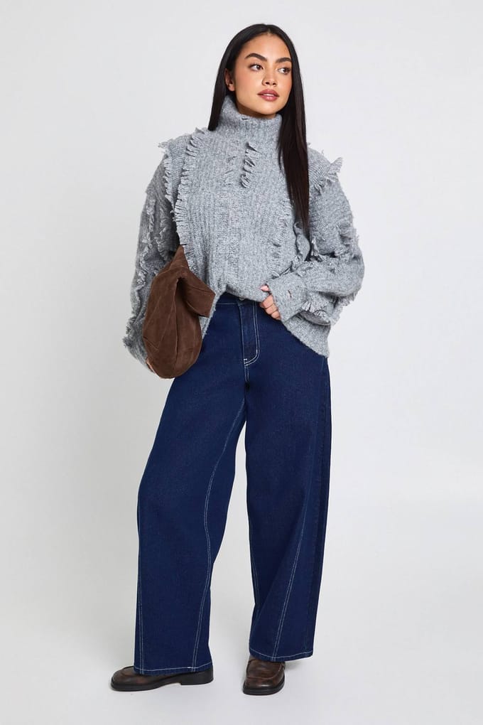 boohoo Dames Trui met textuurelementen en hoge hals | Houtskool | Maat: Medium