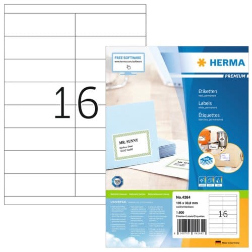 Etiket HERMA 4264 105x33.8mm premium wit 1600 stuks