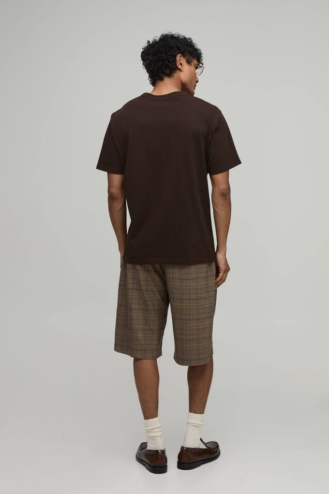 Tailored Check Wide Leg Pleat Front Suit Shorts | Chocolate | Size 56