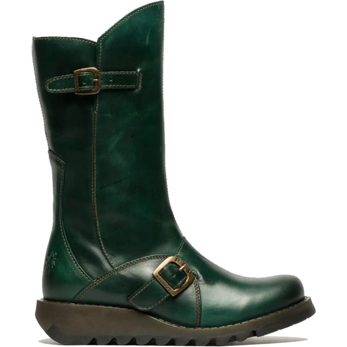 Fly London Dames Groene MES 2 Wedge Heel Buckle Mid-Calf Leren Zip Platform Laarzen