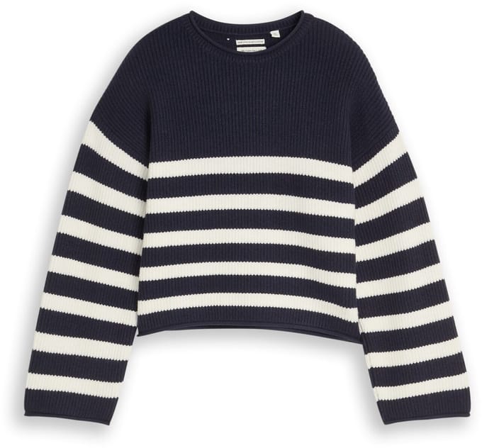 Tom Tailor - Korte gebreide trui met streepjespatroon - Maat 152 - navy and white block stripe