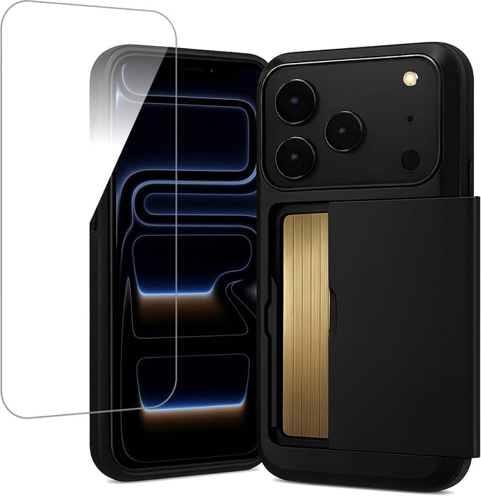 Hoesje met Pasjeshouder geschikt voor iPhone 17 Pro Max - Screen Protector GlassGuard - Back Cover SlideCase Zwart & Screenprotector