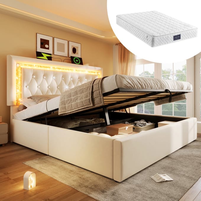 MODENUIT Gestoffeerd bed 160x200 cm – Met matras – Led-verlichting, USB-C en opbergruimte – Fluweel – Beige