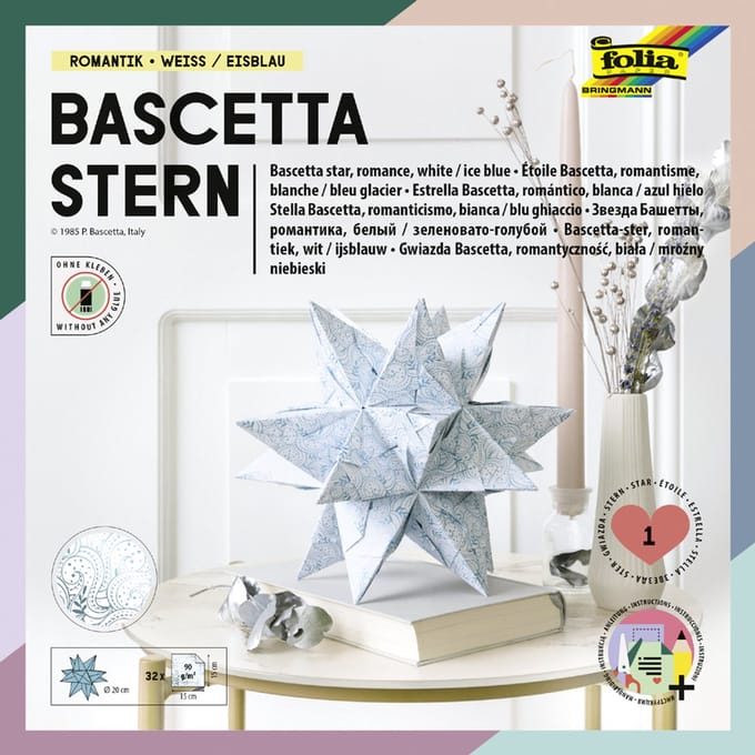 folia vouwbladen Bascetta-ster, turquoise / bedrukt, 150 x 150 mm, 90 g/m2, 32 vel