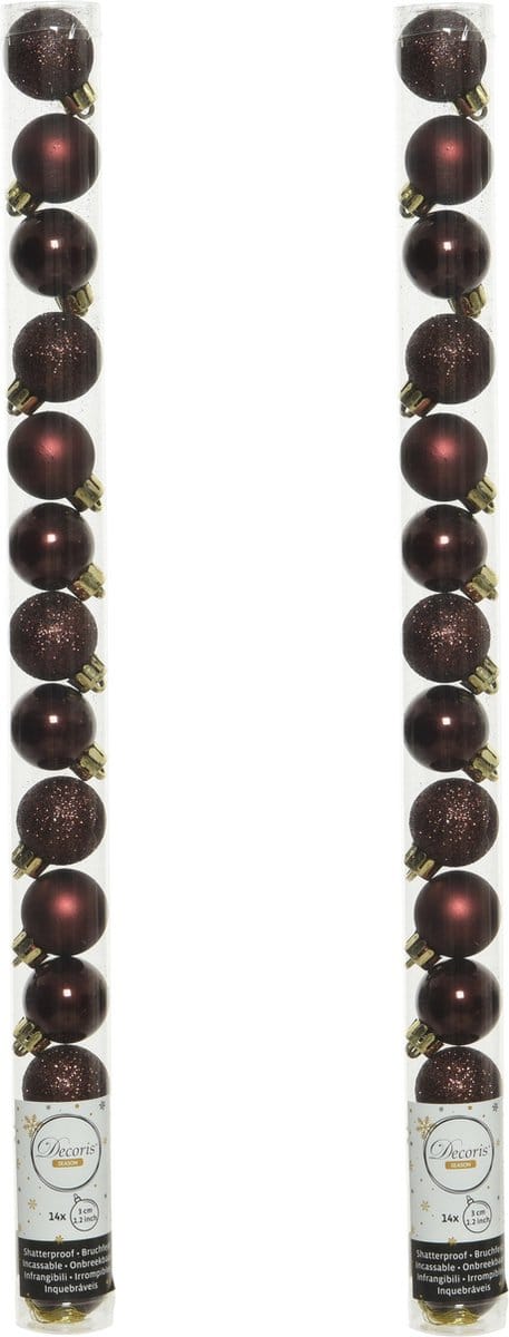 Decoris Mini kerstballen - 42x st - mahonie bruin - D3 cm - kunststof - kerstversiering