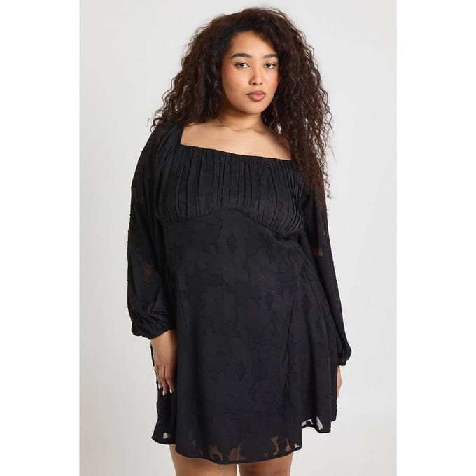 boohoo Dames Plus Burnout Chiffon Boerinnetje Skater Jurk | Zwart | Maat: 44