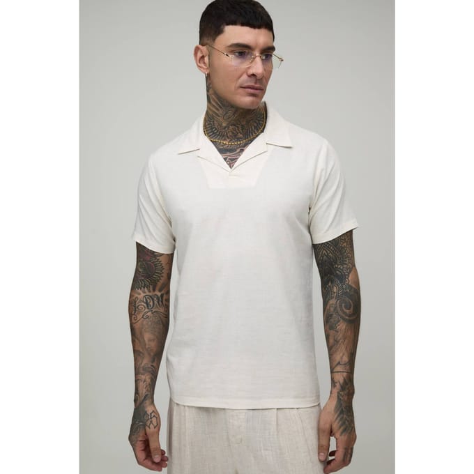 Tall Linen Blend Slim Revere Polo T-Shirt | Natural | Size Medium