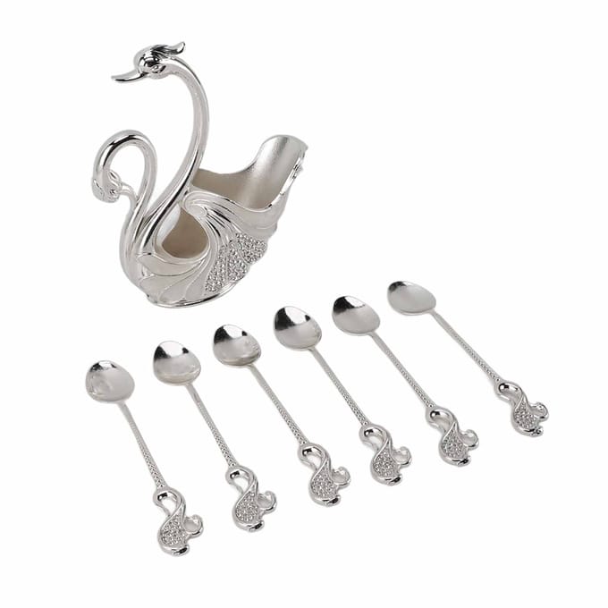 Zwaan Servies Set Metalen Tafelgerei Bestekset Decoratieve Zwaan Basis Houder met 6 Lepels voor zilver witte kleur