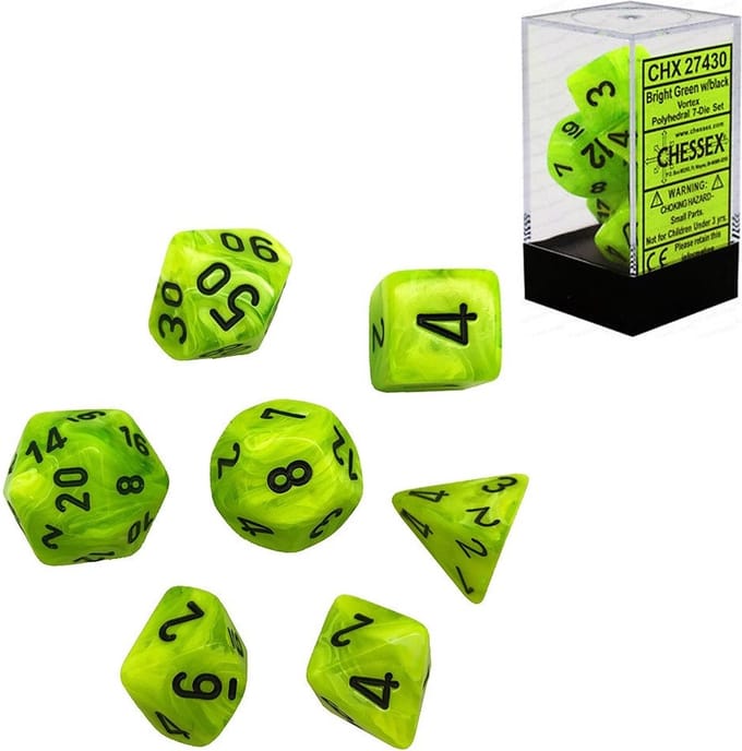 Chessex Vortex helder groen/zwart Polydice Dobbelsteen Set (7 stuks)