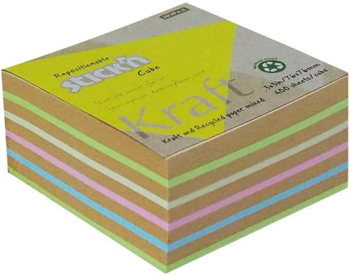 Stick'n sticky notes kubus - Kraft - Recycled - 76x76mm - Meerdere kleuren - 400 memoblaadjes